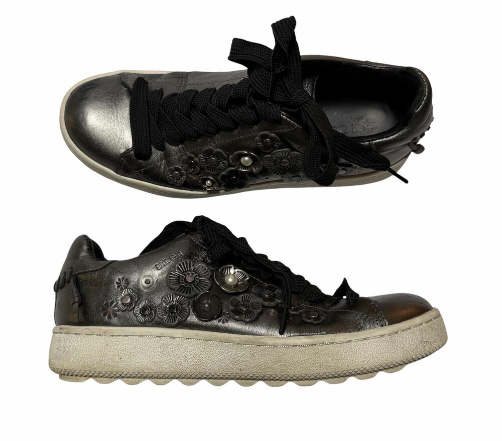Coach Tea Rose Sneakers Gunmetal Gray Leather Floral Appliqué size 8